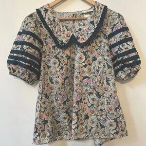 Entro Floral Peter Pan Collar Puff Sleeve Cottage Core Boho Top NWOT Size Large
